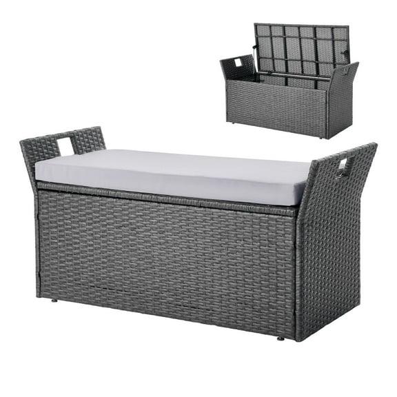 Outdoor Storage Bench 2 Person PE Rattan Deck Box 40 Gallon with Cushion Side Handle 400 lbs Capacity Weatherproof Patio Garden Balcony Porch Seating Decor