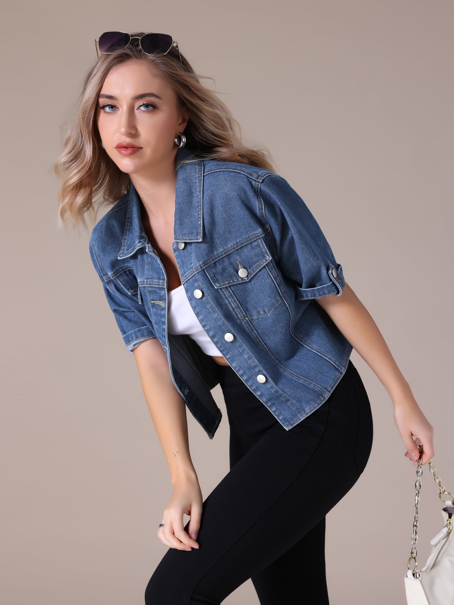 DARING DIVA Women's Short Sleeve Denim Collared Button Up Cropped Jean Jacket S Dark Blue
