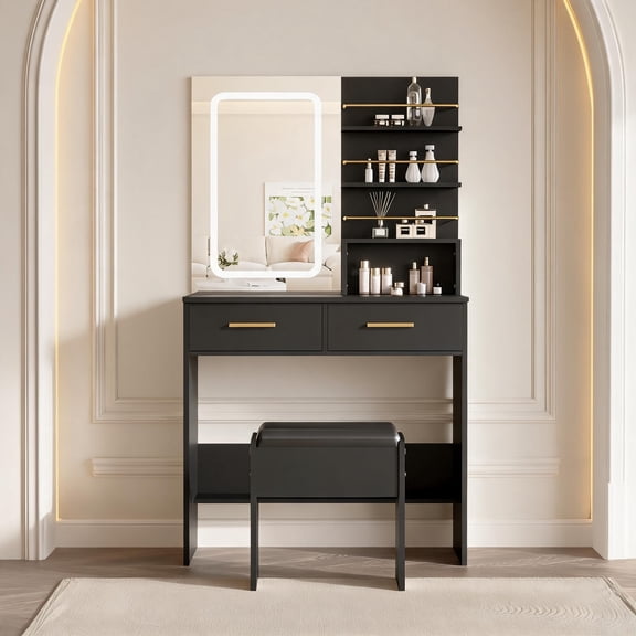 Makeup Vanity with LED Lighted Mirror, 3 Lighting Modes, 4 Shelves, 2 Drawers and Cushioned Stool