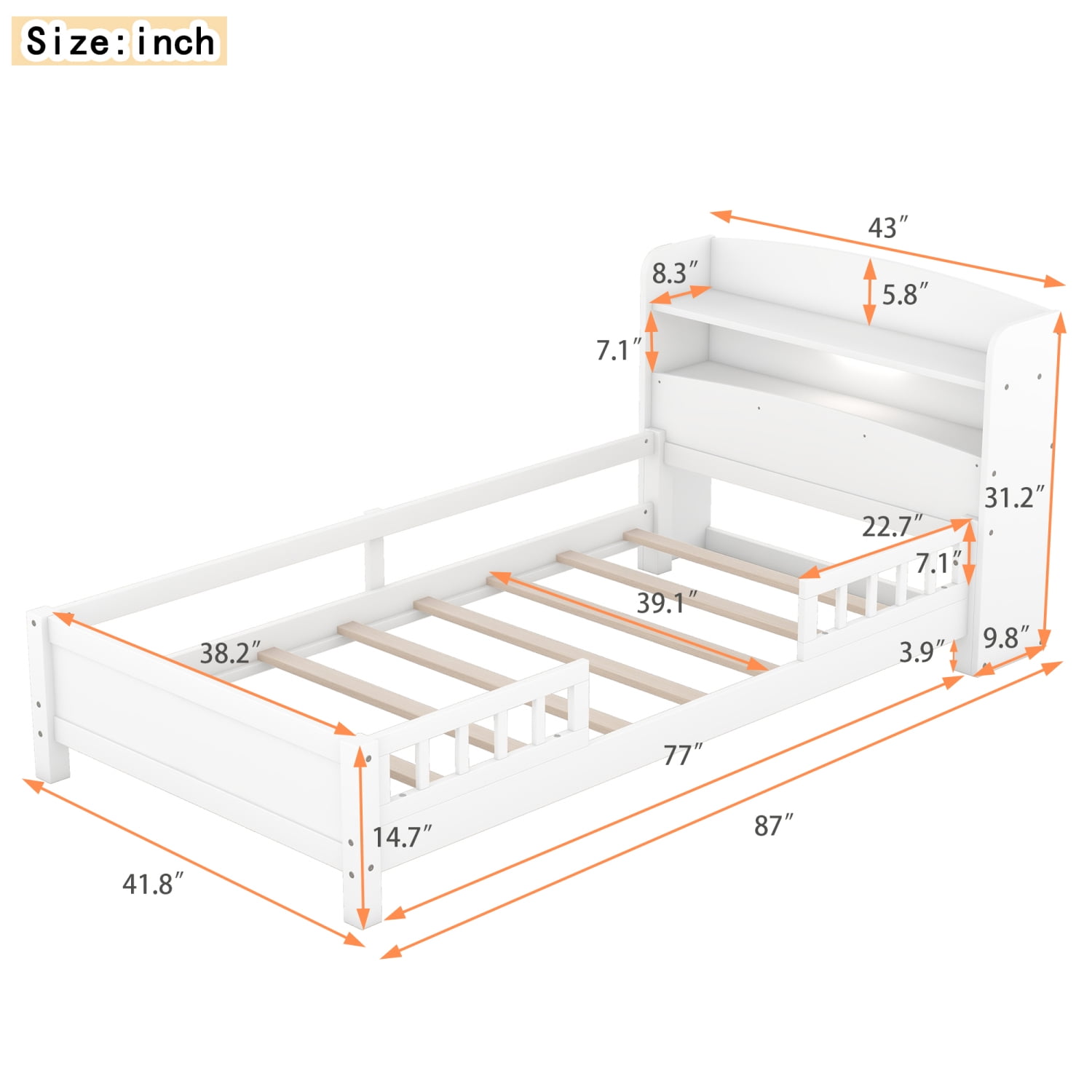 Harper & Bright Designs Kids Twin Size Bed with Storage Headboard and Built-in LED Light, Wood Twin Platform Bed Frame with Guardrail for Girls Boys, Antique Gray