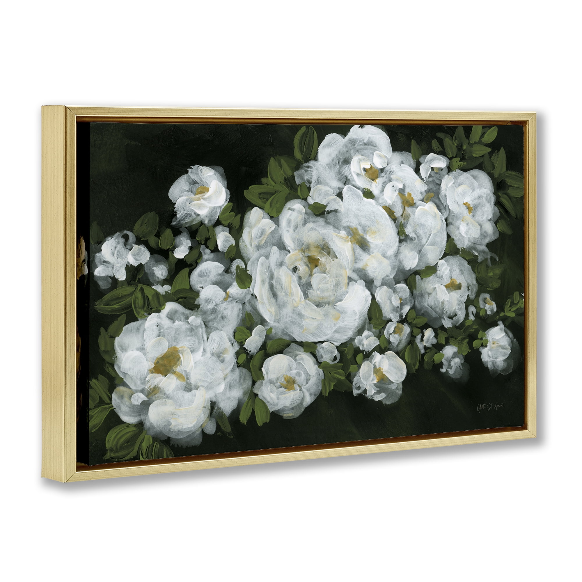 Stupell Industries Midnight Blooming Roses Botanical & Floral Painting Gold Floater Framed Art Print Wall Art, 31 x 21