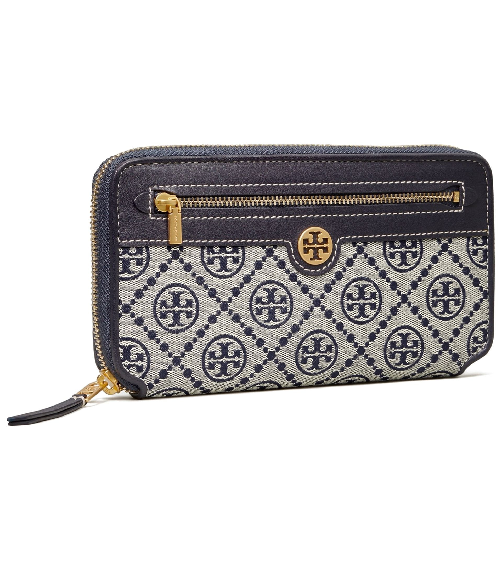 長財布 Tory Burch Leather And T Monogram Fabric Wallet Tory Burch T Monogram Jacquard Zip Continental Wallet