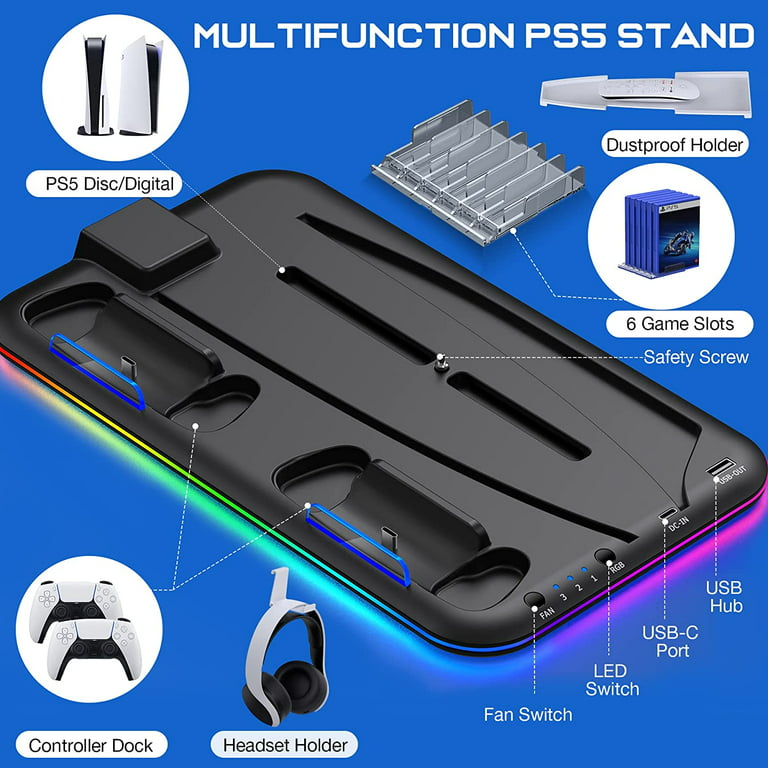  PS5 Accessories PS5 Stand for Digital/Disc Console, PS5 Cooling  Station Incl. 3 Level Cooling Fan, 3 USB Hub, Headset Holder, Media Slot,  Dual Playsation 5 Controller Charging Station for Dua-Sense 