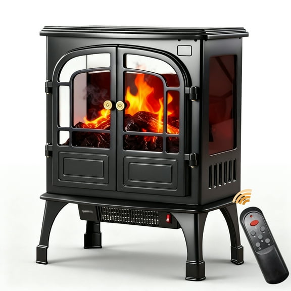 Airdown 26" Freestanding Fireplace Heater, 1500W Electric Fireplace Heater with 3D Realistic Flame Effect, Energy Saving Fireplace Stove for Indoor Use, Double Door