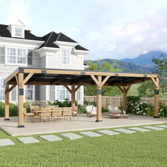 10x22 ft Cedar Wood Gazebo with Sloped Galvanized Steel Roof, Hardtop Gazebo Pavilion with Durable, Rot-Resistant Construction
