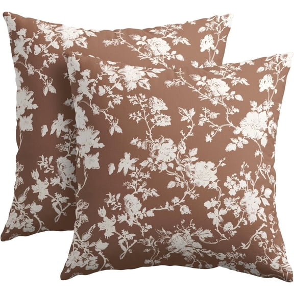 Vintage Floral Pillow Covers 20x20 Inch Set of 2 Rustic Brown and White Outdoor Decorative Throw Pillows Chinoiserie Flower Toile Pillowcases Cushion Covers for Couch Home Decor