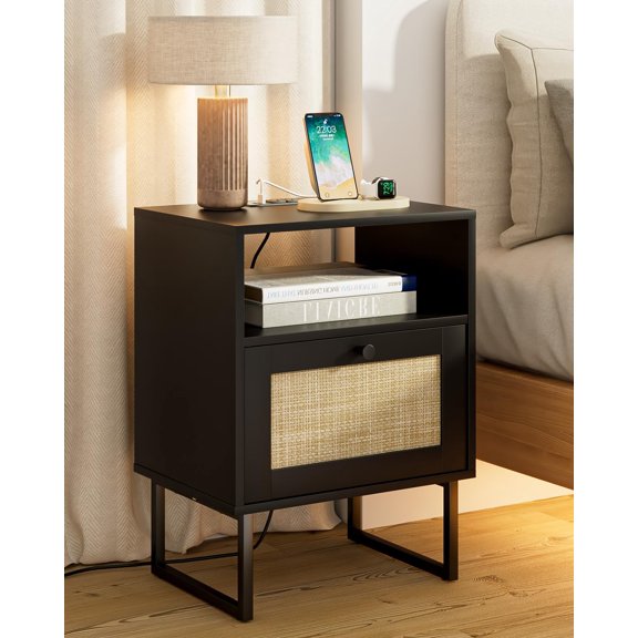 L-black With Charging Station Modern Rattan Nightstand with Open Shelf