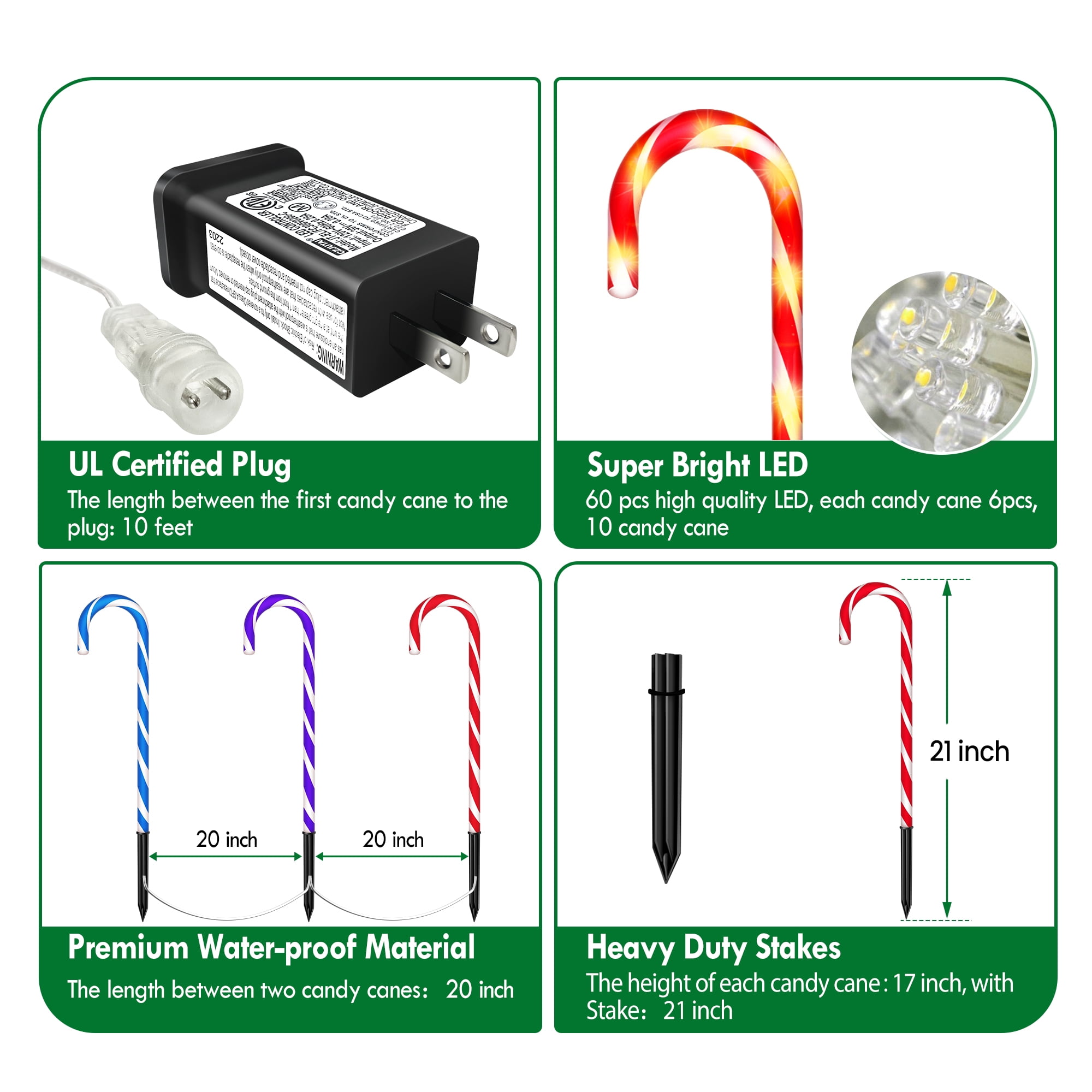 10 Pack 8 Modes Christmas Candy Cane Lights 21 Inch Flickering Candy Cane Pathway Marker Waterproof UL Listed Christmas Lighting Decoration Light Outdoor Indoor