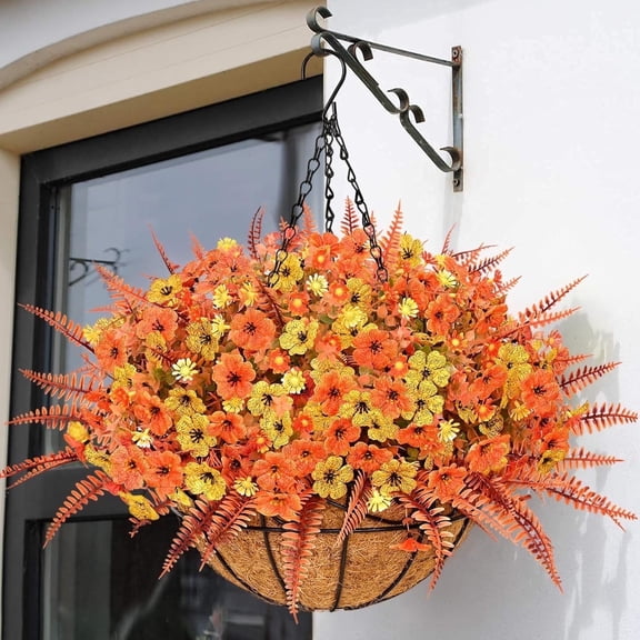 Yastouay Fall Fake Hanging Plants,12 Bundles Fake Voilet Artificial Flowers Hanging Basket for Outdoors Fall Decorations for Home (Yellow,Orange)