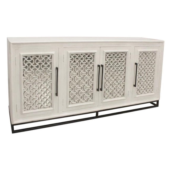 Juno 4-Door Sideboard in Distressed White with Traditional Carving on Solid Wood