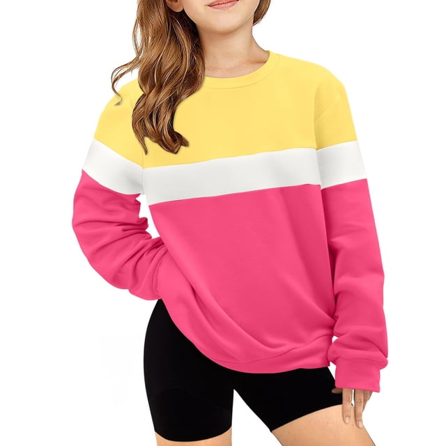 Milgrthf Chandails Molletonnés d'Automne pour Filles, Décontractés, à Blocs de Couleur, Manches Longues, Col Ras du Cou, Chandails à Enfiler, Rose Vif, 1 An