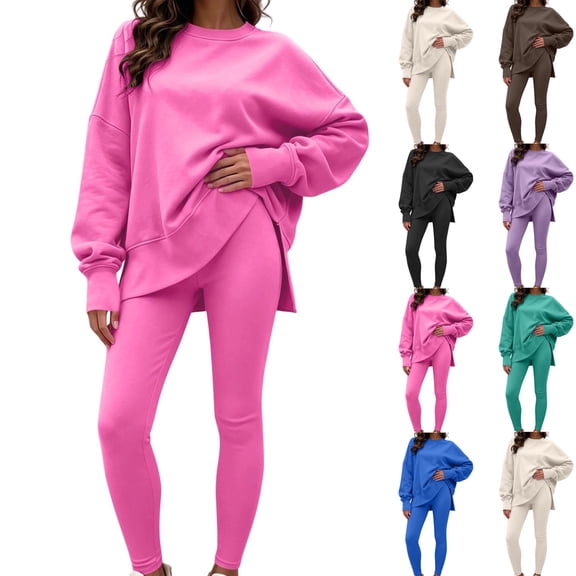 Women 2 Piece Tracksuit Set Solid Long Sleeve Crew Neck Side Split Top and Skinny Pants Loose Casual Loungewear Outfit for Daily Street Wear Purple