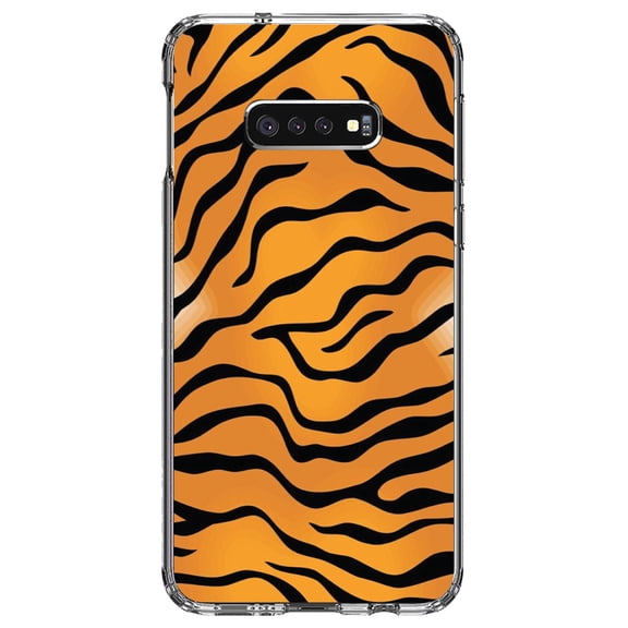 DistinctInk Clear Shockproof Hybrid Case for Samsung Galaxy S10e (5.8" Screen) - TPU Bumper, Acrylic Back, Tempered Glass Screen Protector - Orange Black White Tiger Skin Print - Animal Print