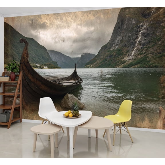 Wallpaper Old viking boat Gudvangen village Flam Norway Peel and Stick Wall Murals 69"H x 96"W Removable PVC Wall Paper Self-Adhesive Wall Paintings Art Decor for Bedroom Living Room