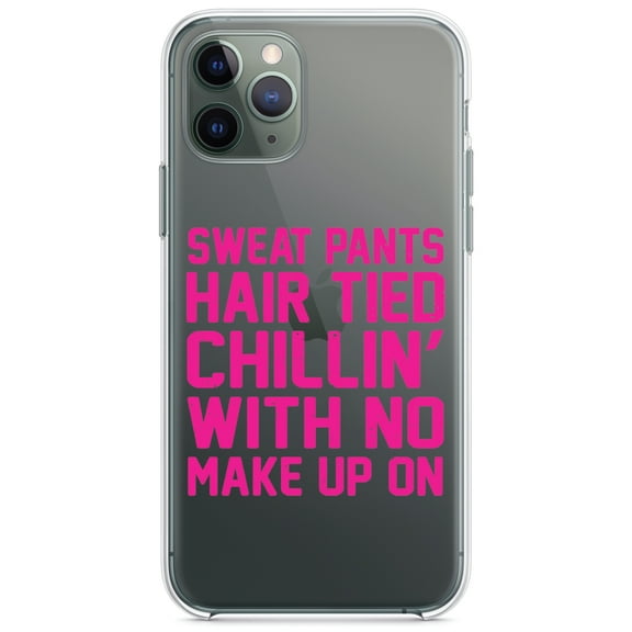 DistinctInk Clear Shockproof Hybrid Case for iPhone 13 Pro MAX (6.7" Screen) - TPU Bumper Acrylic Back Tempered Glass Screen Protector - Sweat Pants Hair Tied Chillin' With No Make Up On