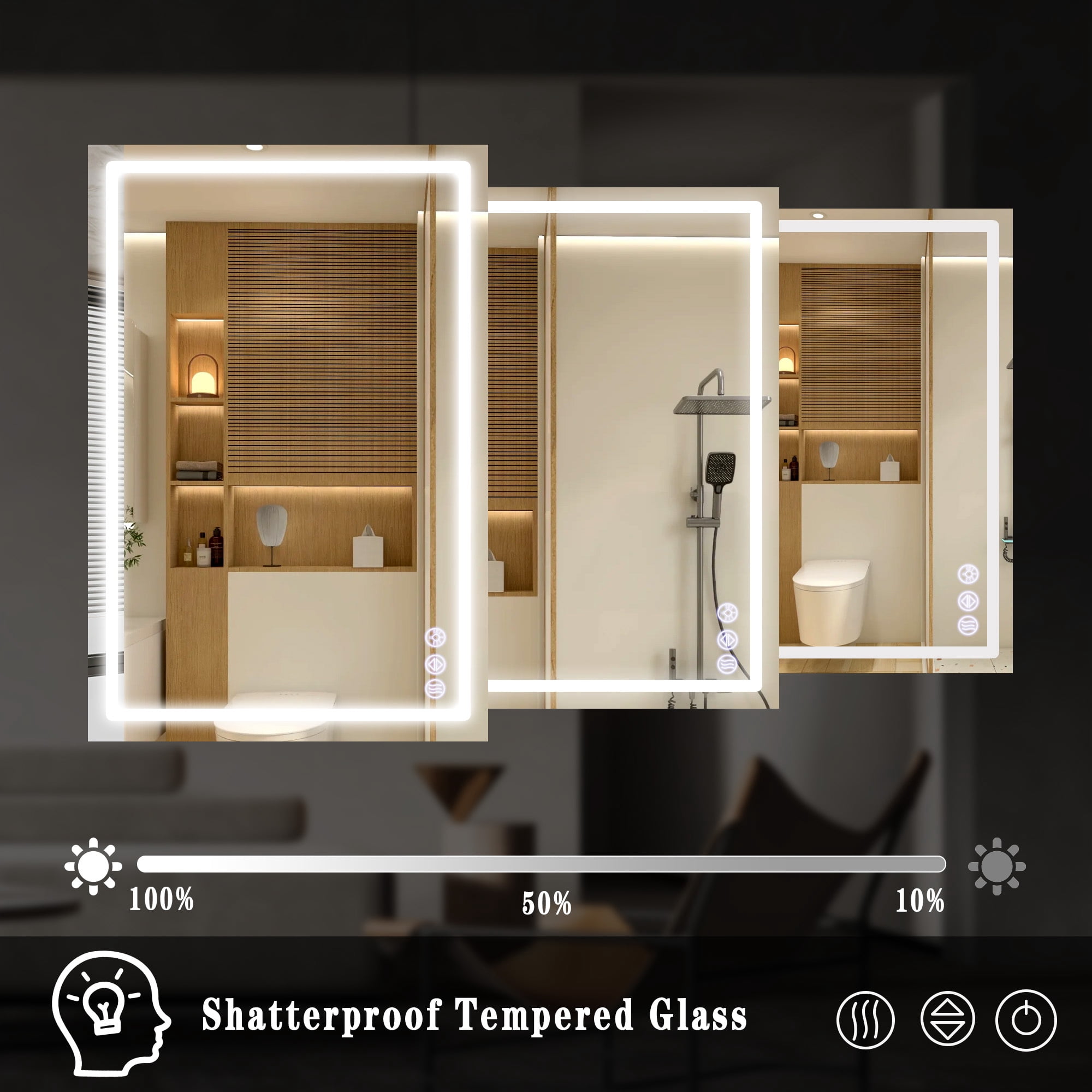 Mirrasia 48"x36" LED Bathroom Mirror Lighted Vanity Wall Mirror 3 Color Temperature Dimmable Mirror