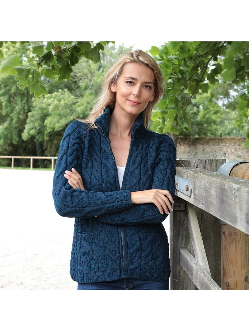 Aran Irish Merino Wool Zipper Cardigan Sweater Women's Knitted