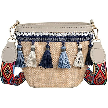 YOUI-GIFTS Women Straw Beach Colorful Tassel Shoulder Bag Handmade Rattan Handwoven PU Top Crossbody Bag Hobo Purse for Summer