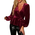 thumbnail image 4 of INSPIRE CHIC Women's Velvet Blouse V Neck Long Sleeve Tie Waist Peplum Tops XS Burgundy, 4 of 6