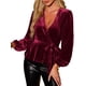 thumbnail image 4 of BLUSA DE VELVET V CUELLO LARGO DE INSPIRE CHIC CON CINTURA CON LAZO Y HEMO PEPLUM S BURGUNDY, 4 of 6