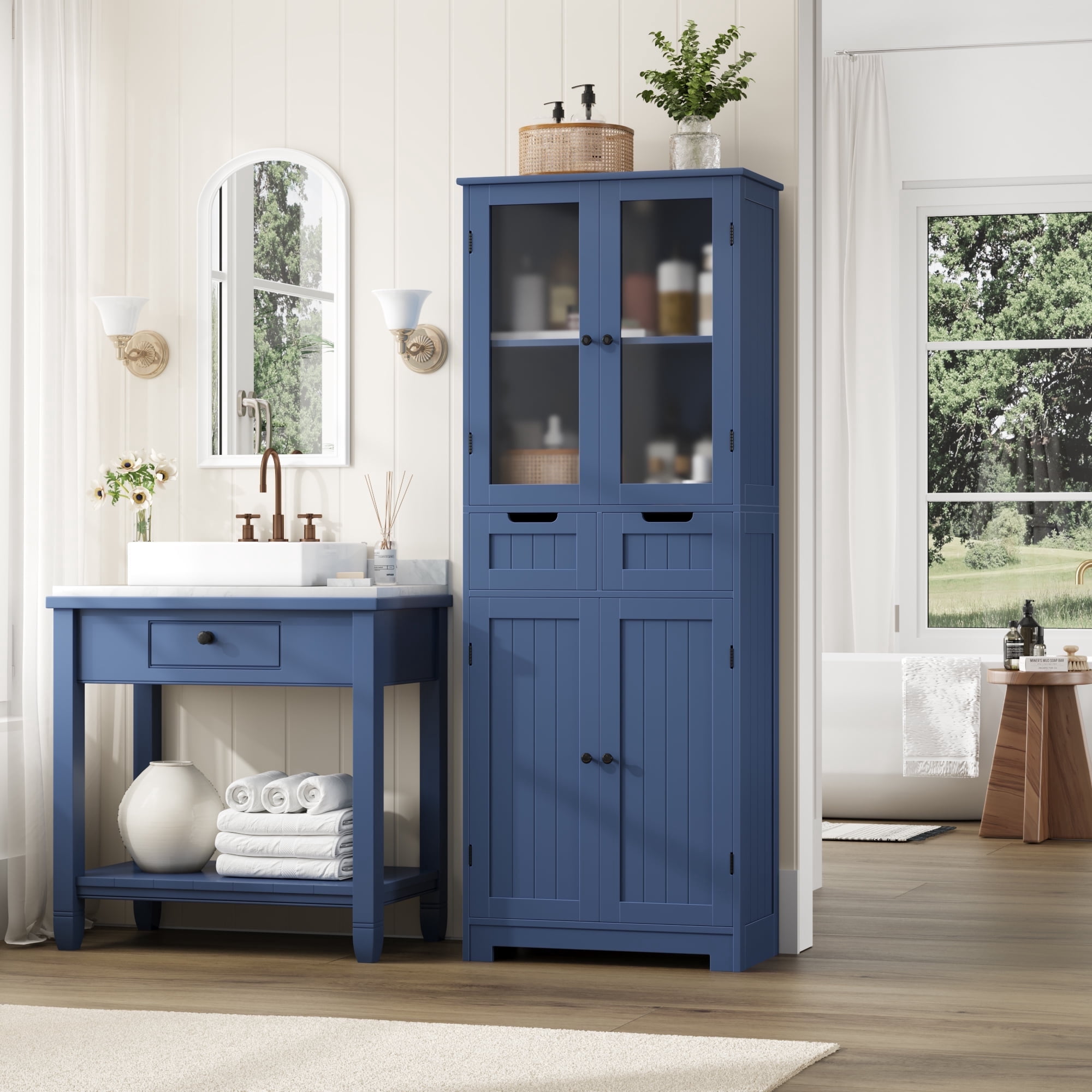 Homfa 4 Doors Bathroom Cabinet, 3-Tier Wood Tall Linen Storage Cabinet with 2 Drawers for Living Room, Blue