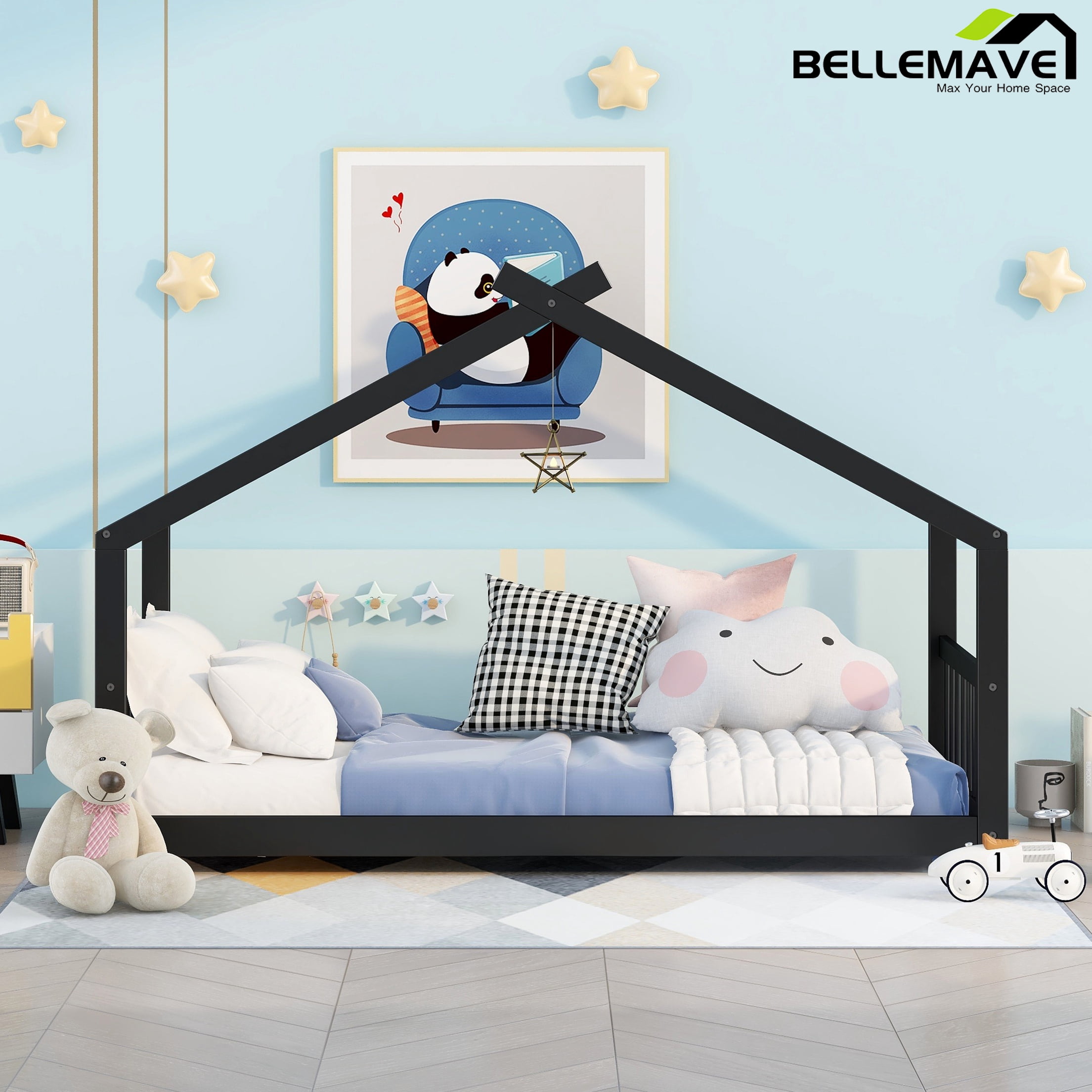 Bellemave Twin Size House Bed,Wood Platform Bed with Headboard and Footboard, House Floor Bed with Roof and Slat (Espresso,Twin)