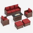 thumbnail image 2 of Poteban Outdoor Patio Furniture Set with 44" Fire Pit Table, 6 Pieces Sectional Conversation Sets, All-Weather Wicker Rattan Sofa Ottoman with 4" Thick Cushion for Garden Backyard Deck, Wine Red, 2 of 8