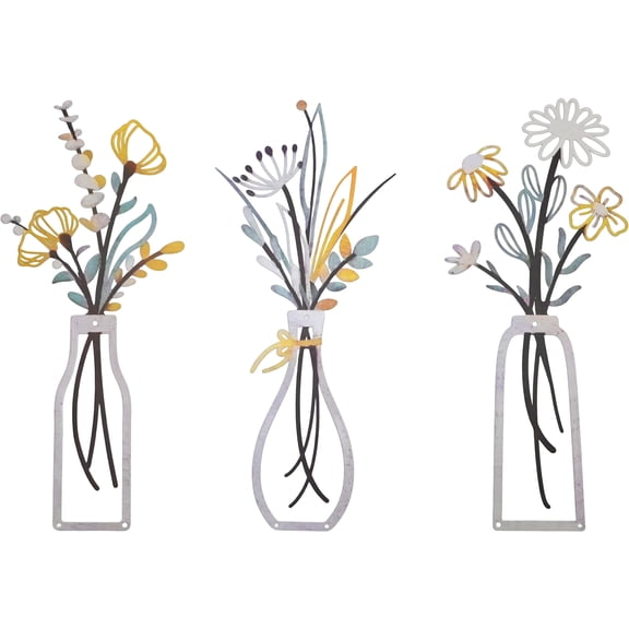 Rustic Vintage Minimalist Metal, 3 pcs Flower Wall Art Vase Decor for Bathroom Dining Room, 13.7x6 inches