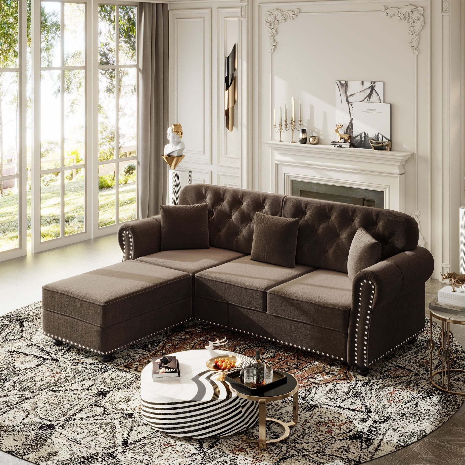 Alvantor 83" Cloud sofa with Ottman, Upholstered Velvet Couch with Nailhead Trim and Rolled Armrests, Mid-Century Modern Sofa for Living Room Brown