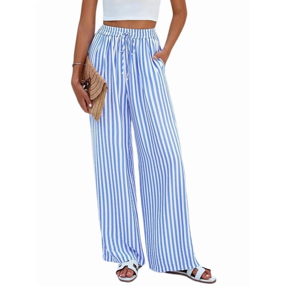 Women's Elastic Waist Wide Leg Light Weight Woman Palazzo Pants for Casual Lounge Blue S