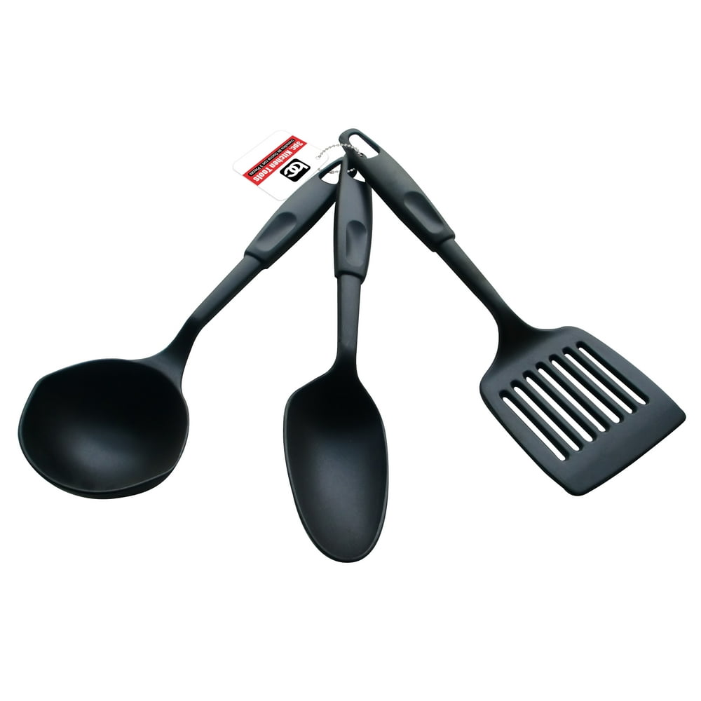 Bene Casa 3piece nylon kitchen utensil set, ladle, spoon, slotted turner, black, scratch