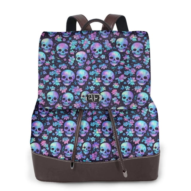 Easygdp Skull purple flower Mochila de Cuero para Mujeres, Bolso de Hombro, Bolsos de Mano de Moda para Trabajo y Viajes