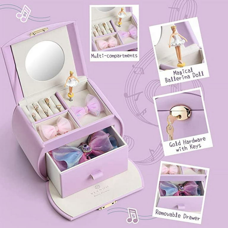 Vlando Musical Jewelry Box for Girls,Stickers for Children Day Gift,  Leather Half Moon Jewelry Box for Kids, Ideal for Bedroom Decoration or  Birthday for Girls, Purple 