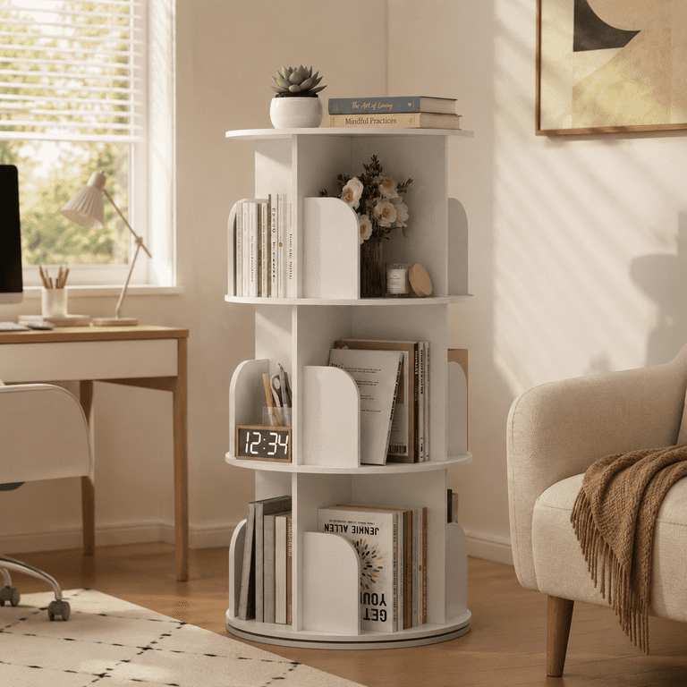 CONCETTA 3-Tier Rotating Bookshelf 360°, White photo 2