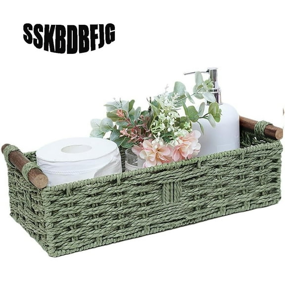 Round Paper Rope Storage Basket Wicker Baskets for Organizing with Handle Decorative Storage Bins for Countertop Toilet Paper Basket for Toilet Tank Top Small Baskets , Green