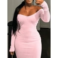 thumbnail image 3 of LW-vestidos Midi de manga larga con cuello en V para mujer, vestido básico de punto acanalado con escote en V profundo, vestido ajustado informal Sexy para otoño 2023, 3 of 6