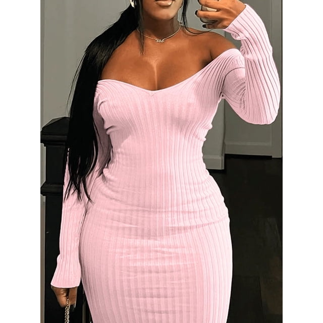 LW-vestidos Midi de manga larga con cuello en V para mujer, vestido básico de punto acanalado con escote en V profundo, vestido ajustado informal Sexy para otoño 2023