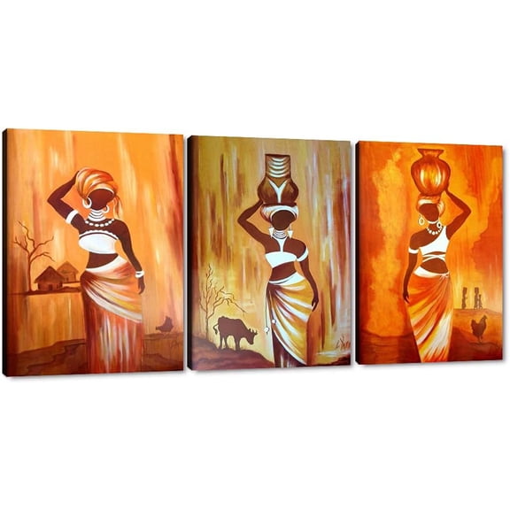 Hieng 3 Panels Abstract Black Woman Wall Art Modern American African Canvas Prints Painting for Living Room Bedroom Office - 12"x16"x3pcs