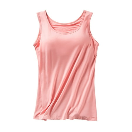 Pxiakgy Hot Sale!! Womens Modal Padded Built-In-Bra Tanks Tops Crew Neck Wireless Bra Camisole Casual Slim-Fit Shirts Tee Plus Size Pink L