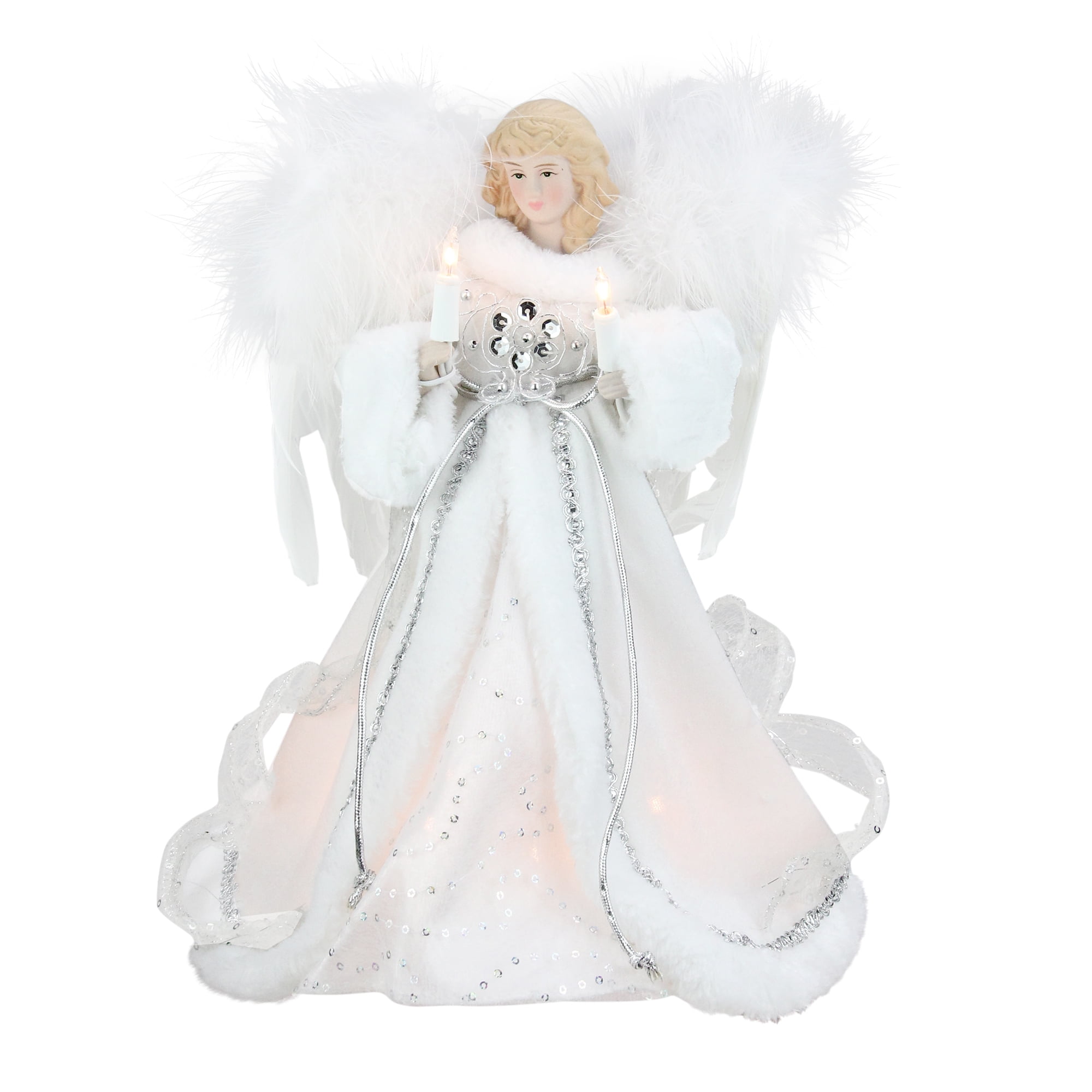 12" Lighted White and Silver Sequin Angel Christmas Tree Topper Clear