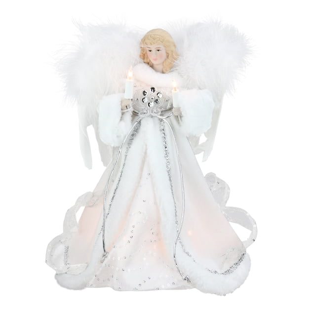 12" Lighted White and Silver Sequin Angel Christmas Tree Topper - Clear Lights