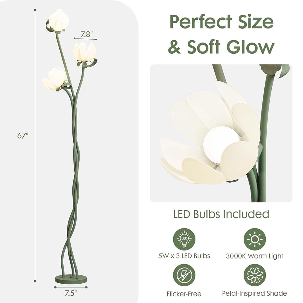 67" Vintage Floral Floor Lamp, 360° Adjustable Lamp Heads, Flexible Gooseneck Stems, Lotus Shades & Foot Switch (LED Bulbs Included)