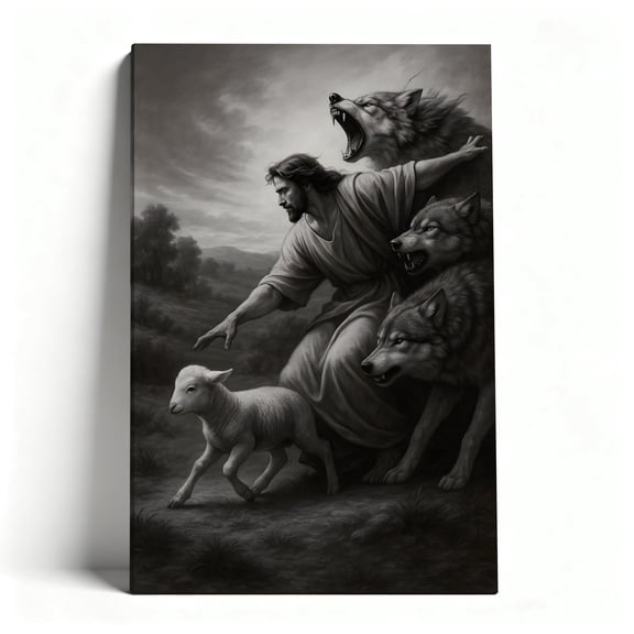 Jesus Protecting Lamb from Wolves Canvas Wall Art, Powerful Christian Faith Decor, Inspirational Religious Artwork for Home, Ready to Hang