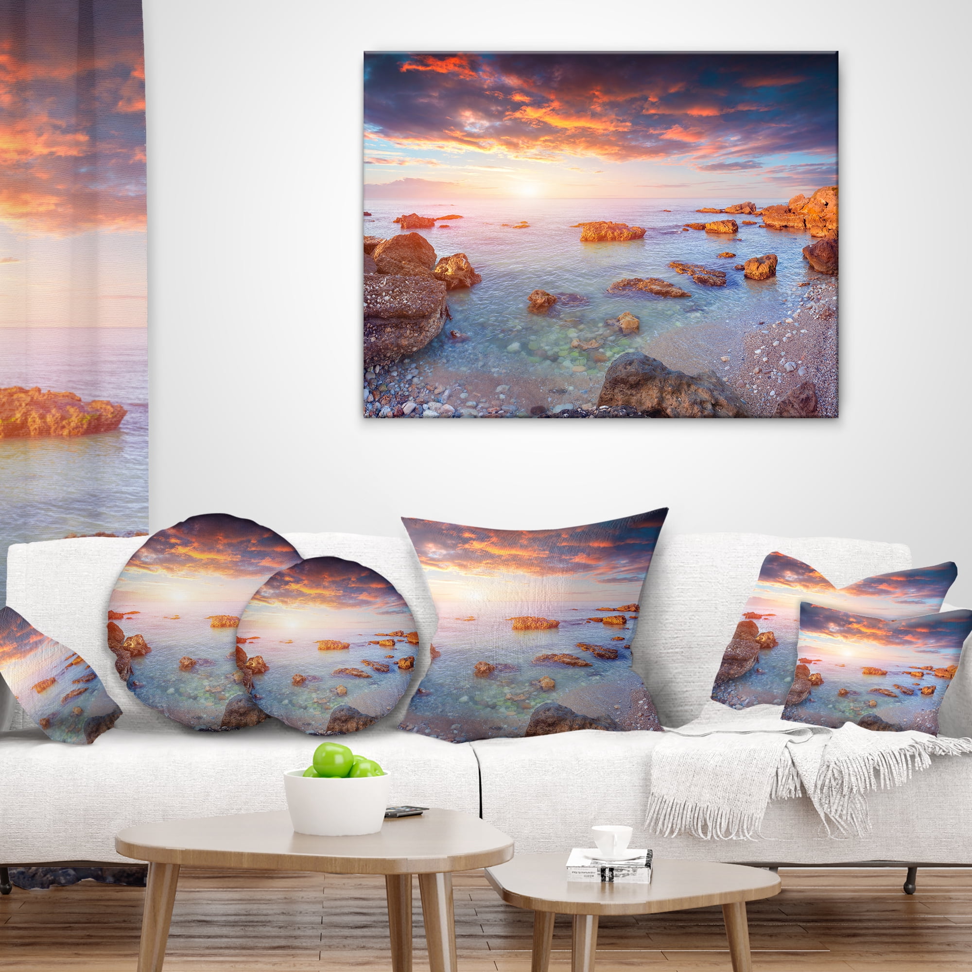 Designart Sunrise on South Coast of Sicily - Seashore Photo Throw Pillow - 12x20