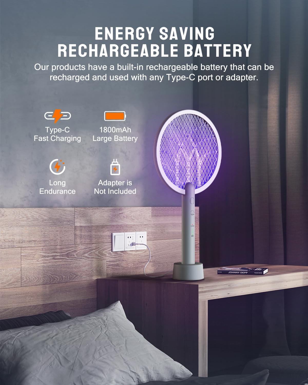 Esemoil Electric Fly Swatter Racket, 2 in 1 Smart Bug Zapper with USB Rechargeable Base, Powerful Mosquitoes Trap Lamp & Fly Killer with 3-Layer Safety Mesh for Home, Bedroom, Kitchen, Patio（1 Pack）