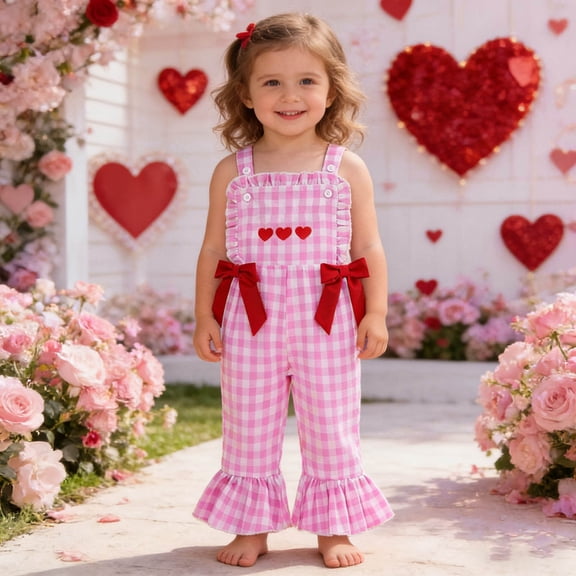 MEZZALL Toddler Jumpsuit Valentine's Day Girls Romper With Heart Embroidery And Flared Denim Overalls For Party Play Casual Onesie Birthday Long Sleeve O-Neck Spring Child One-Pieces