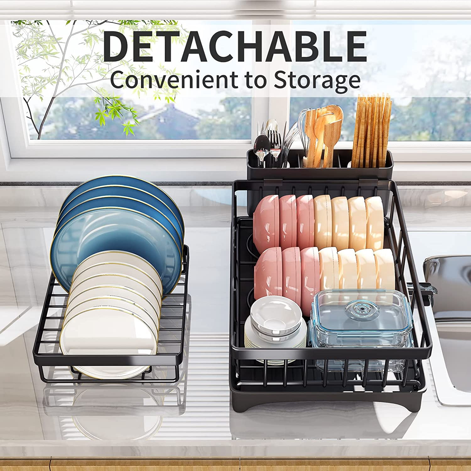 Runbaixing 2 Tier Large Dish Drying Rack and Drainboard with Utensil Holder and Cup Rack for Apartment Kitchen Counter, Black