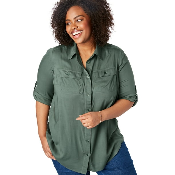 Woman Within Plus Size Utility Button Down Shirt Blouse
