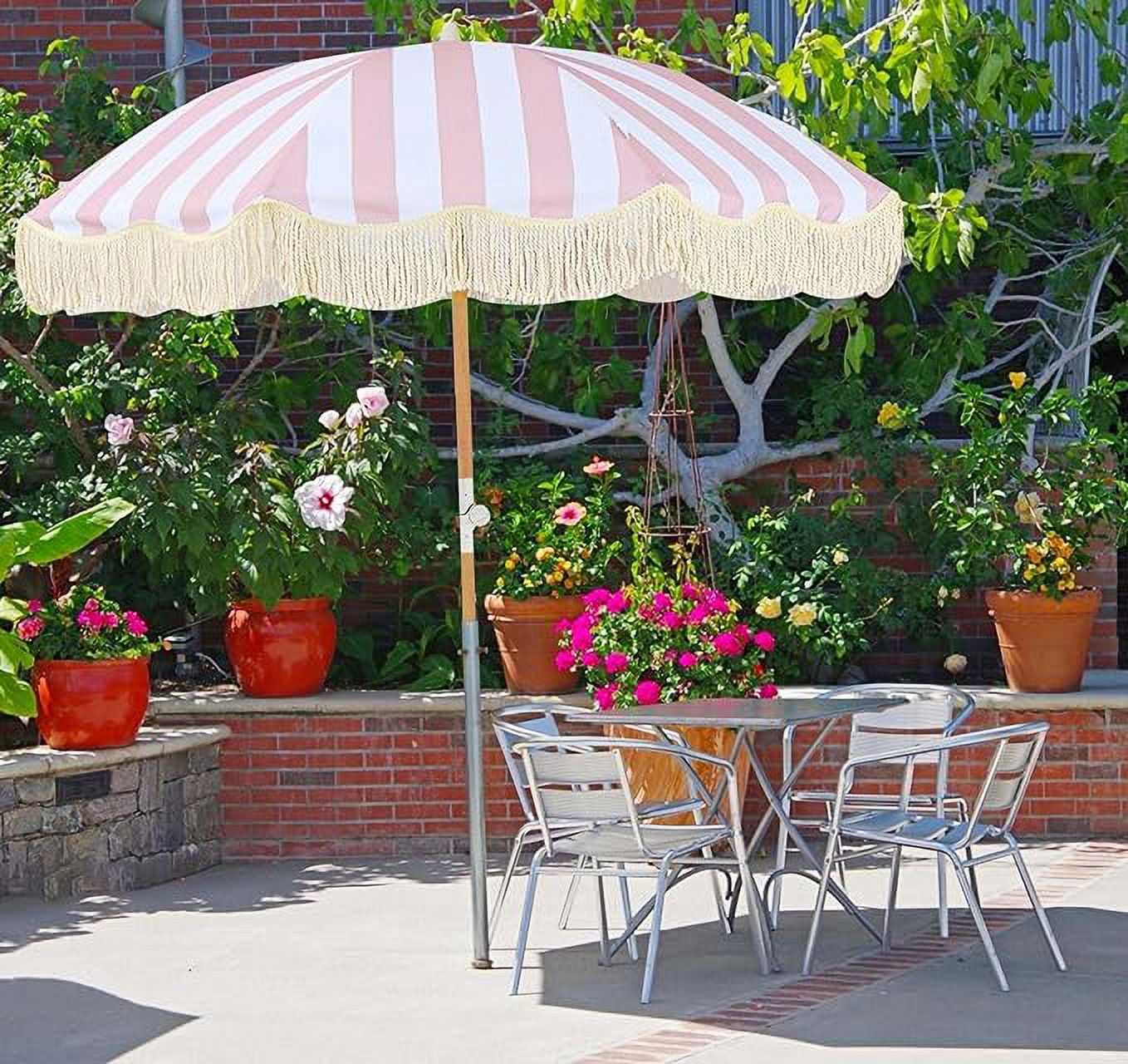 Boho 6ft Pink Stripe Round Patio Beach Umbrella, UPF 50+, Fringe, Adjustable Tilt, Waterproof