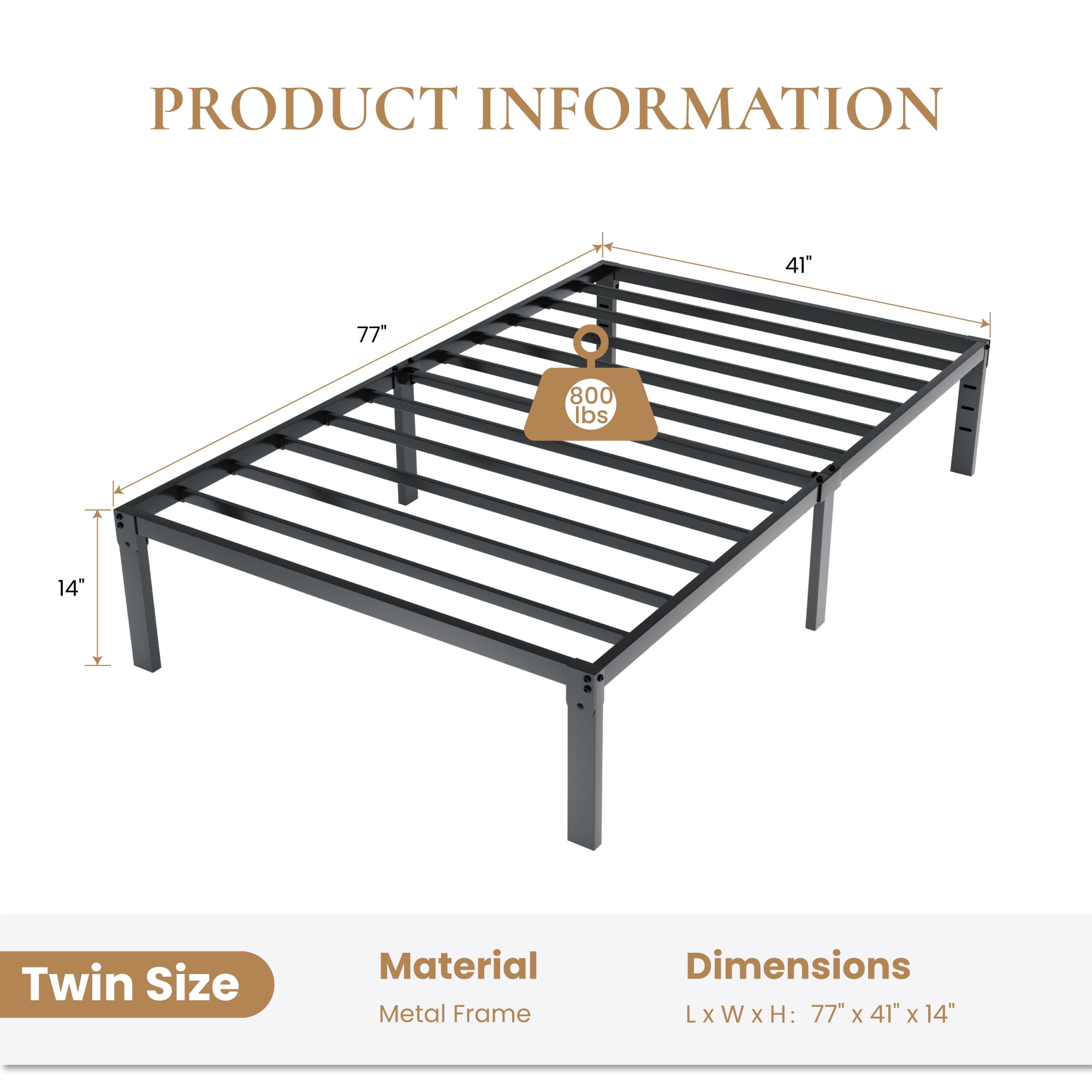 Merrland 14" Twin Bed Frame, Metal Platform Bed with Under-bed Storage, No Box Spring Needed, Easy Assembly, Black